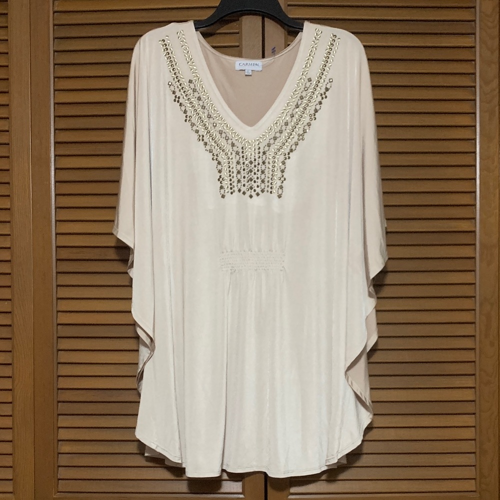 Carmen Marc Valvo Satin Tunic Style Shirt Metal Embellished XL